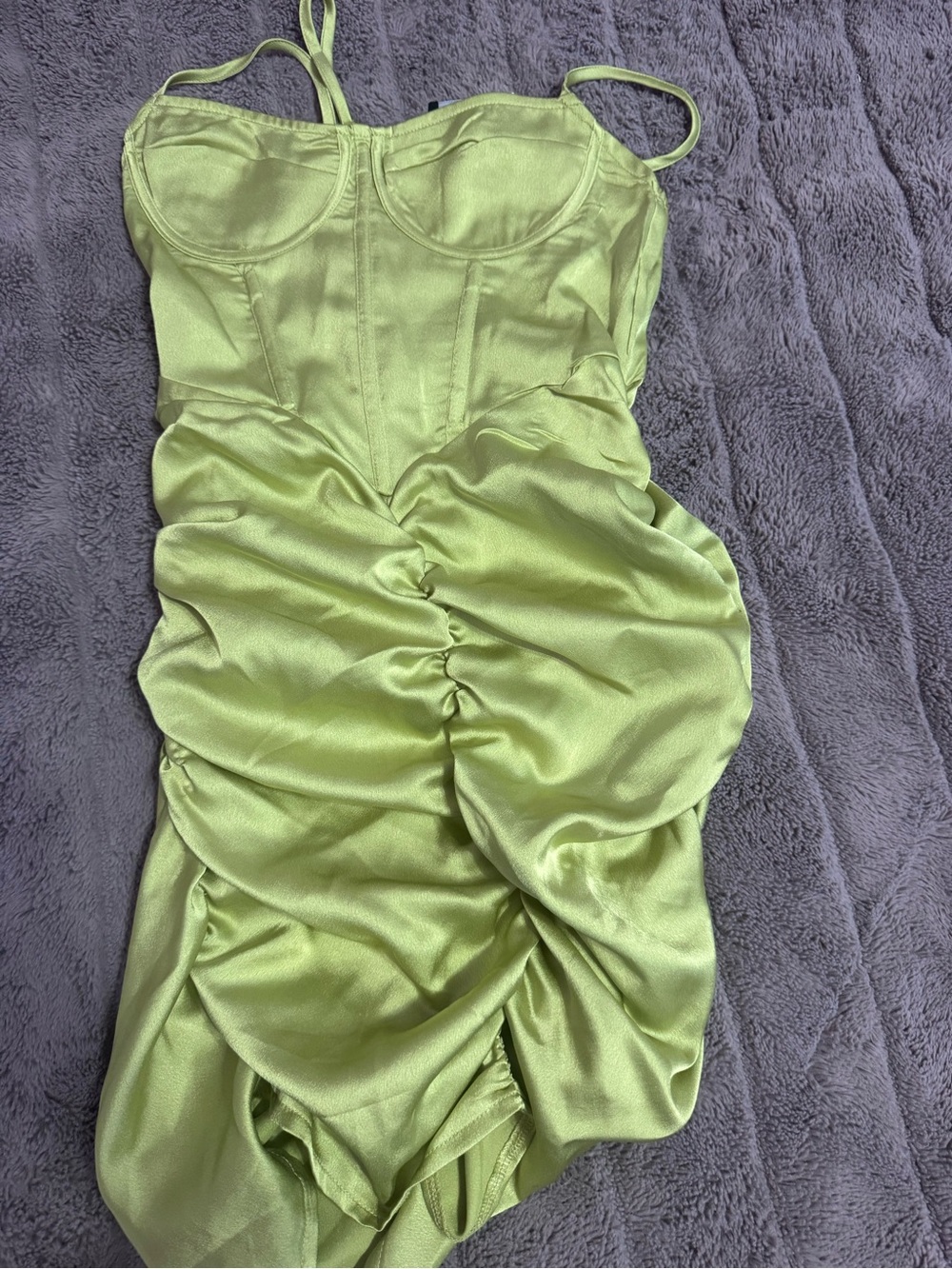 PrettyLittleThing Lime Green Ruched Satin Strapless Dress